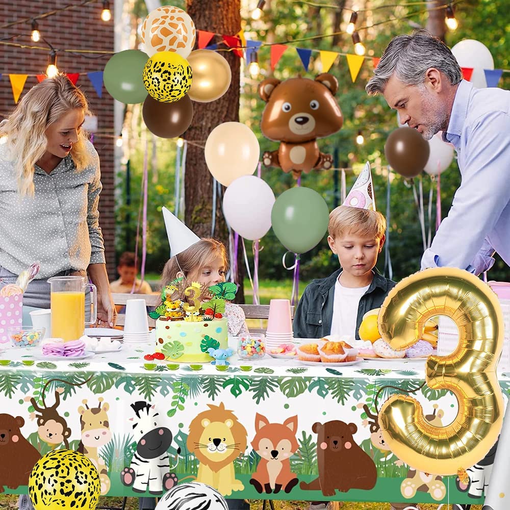 iZoeL 3rd Birthday Decorations for Baby Girls Boys 3 Birthday Banner Balloons, Sage Green Balloon Arch Kit, Giraffe Bear Balloons Wild Tablecloth 3rd Cake Topper Wild Two Animal Birthday Party
