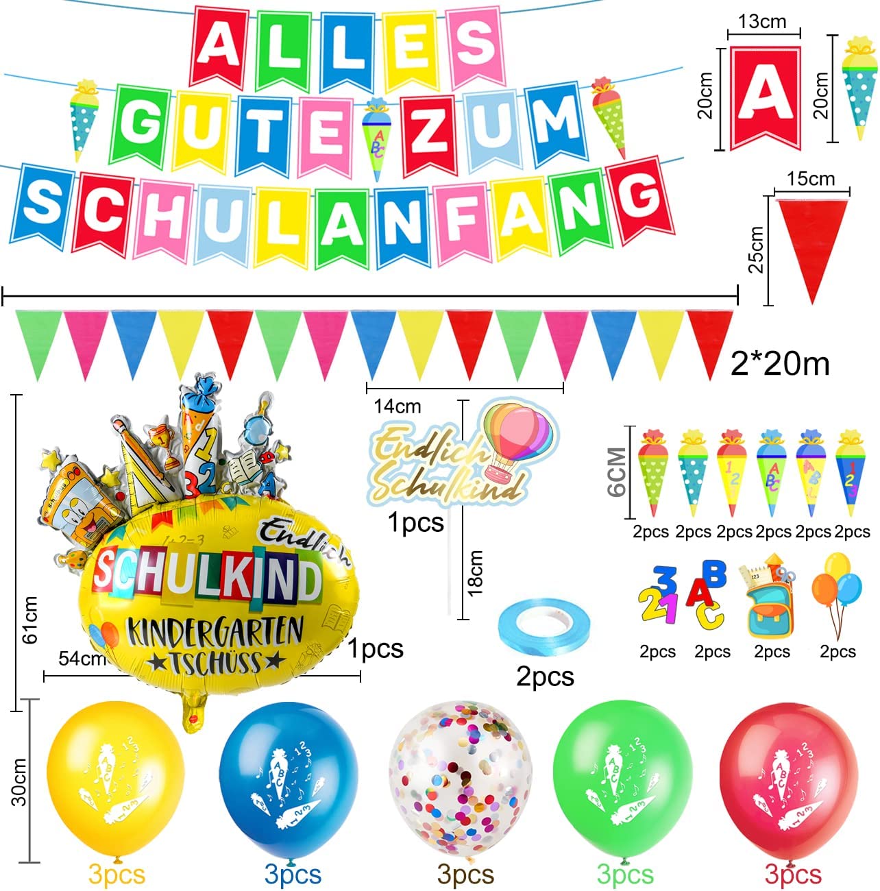 iZoeL Decorative First Day of School Boy Bunting "Alles Gute zum Schulanfang" Banner Foil Balloon Cake Decoration School Cone Craft Set Confetti Girls