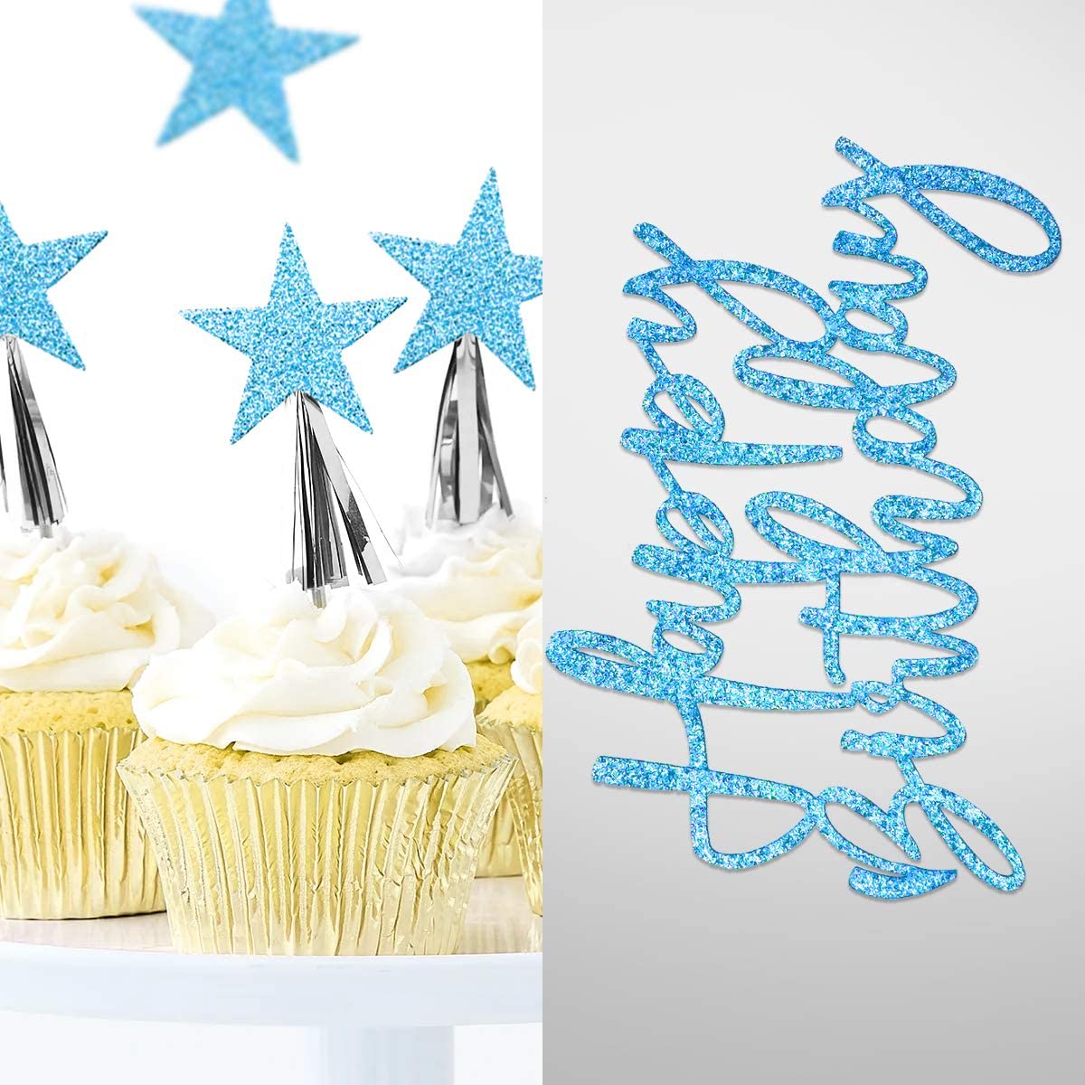 iZoeL 2 Sets Blue Cake Decoration Blue Cake Topper Happy Birthday Banner Confetti Balloon Stars Heart Cake Topper for Men Boys Women Girls Blue Theme Birthday Party Decor (Blue)