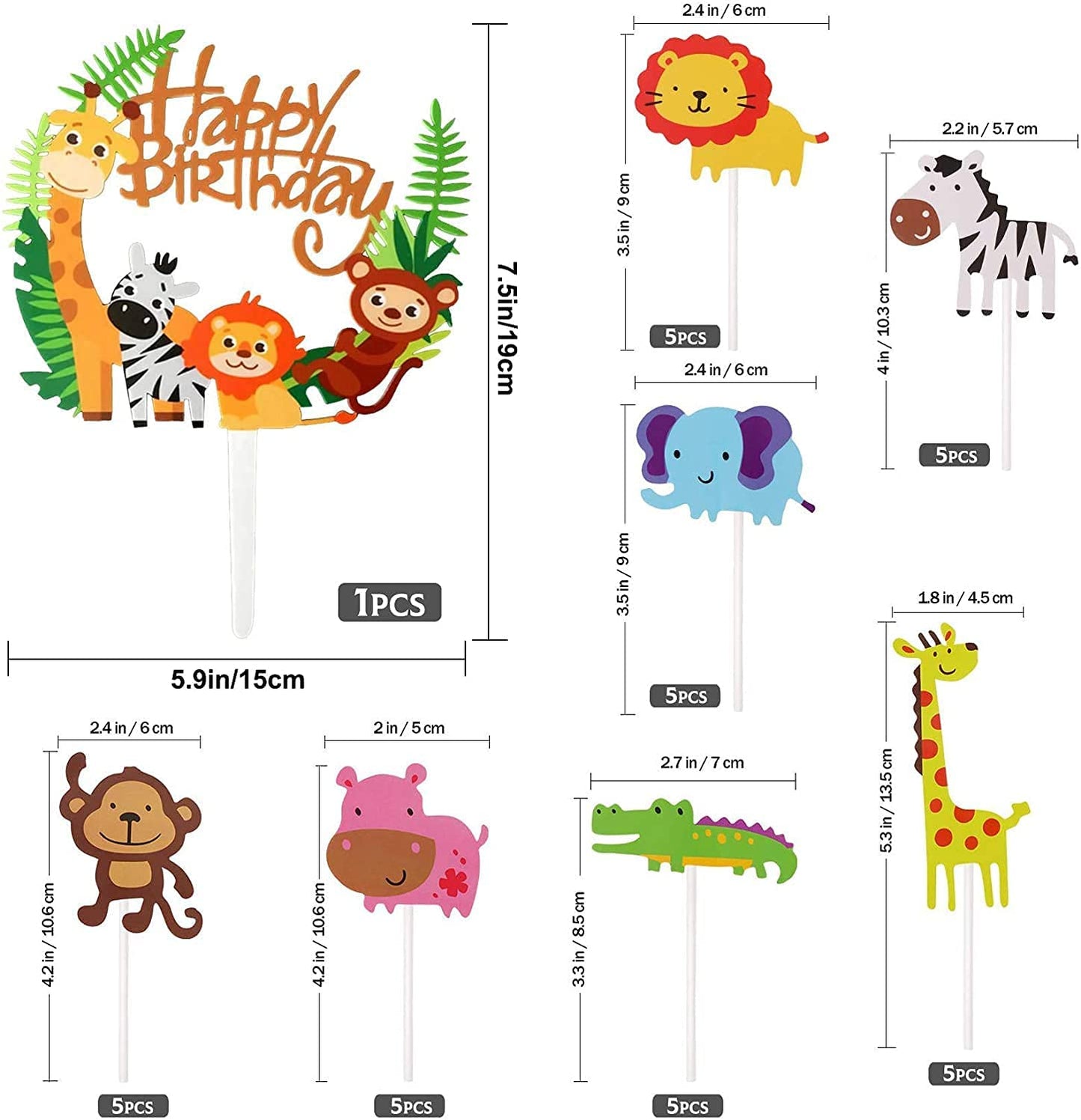 iZoeL Animal Cake Topper, 1pcs Zoo Animal Happy Birthday Banner, 35 Animal Cupcake Topper for Kid Birthday Party Decoration, Jungle Safari Theme Party (Green)