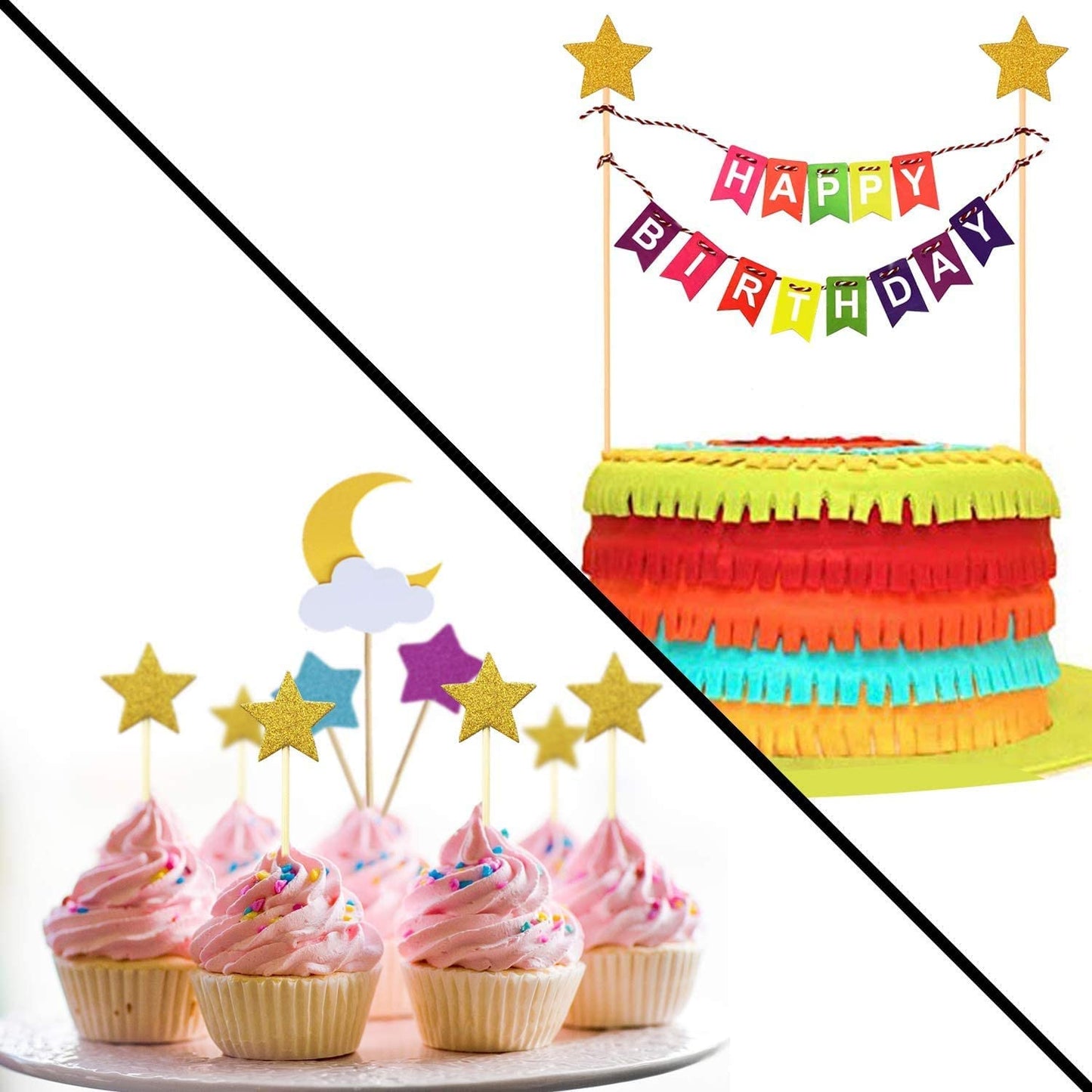 iZoeL Rainbow Cake Decorations, Happy Birthday Cake Topper Bunting Banner, Rainbow Moon Gold Star Cupcake Topper for Boy Girl Kid Birthday Baby Shower Party Decoration (multicoloured)
