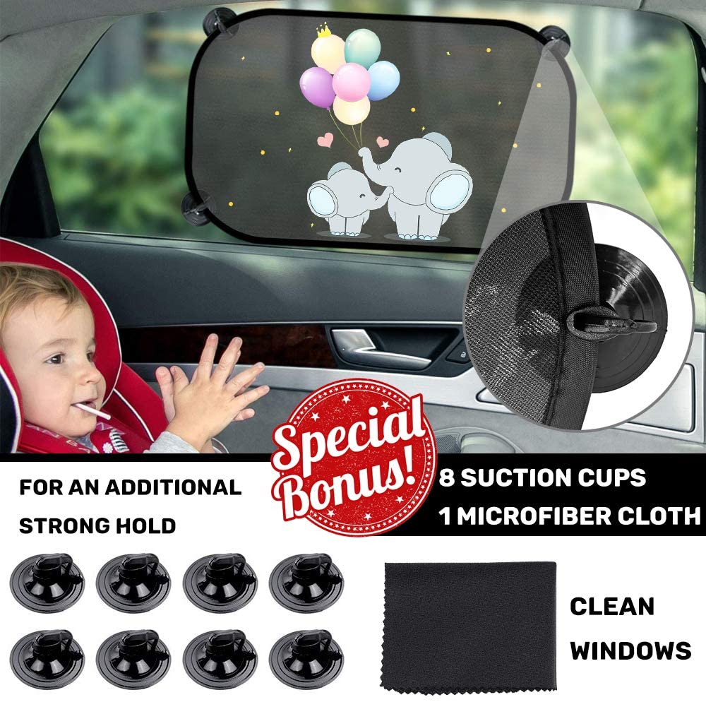 iZoeL Car Sun Shade for Baby Car Window Shades kid 2 Pack Elephant Side Rear Sunshades Static Cling 80GSM 8 Suction Cups Storage Bag - Sun Glare and UV Rays Protection Universal