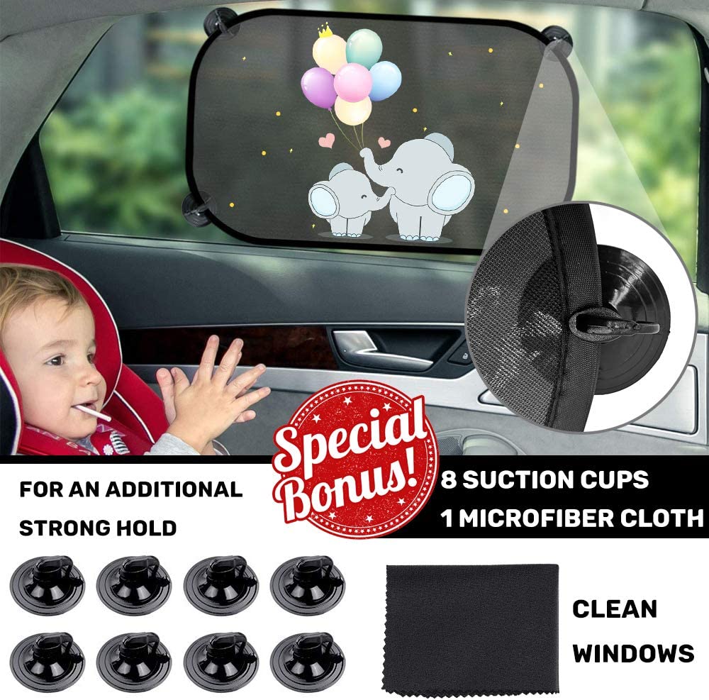 iZoeL Baby Sun Shade with UV Protection, Pack of 2 Sun Visors for Children with 8 Suction Cups, Shade Car Window Side Window Motif Animals (Elephant)