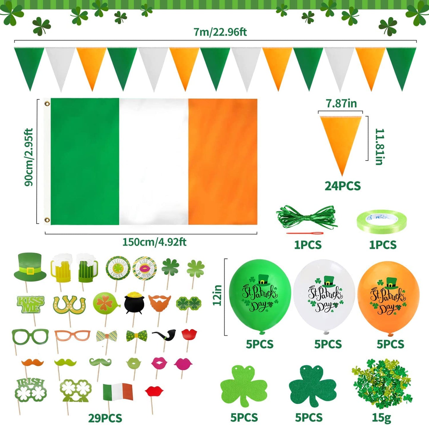 iZoeL St Patricks Day Decorations St Patricks Day Accessories, Irish Flag Bunting St Patricks Day Balloons Photo Booth Props Shamrocks Confetti for Home Bar Irish Paddy's Day Outside Party Decoration