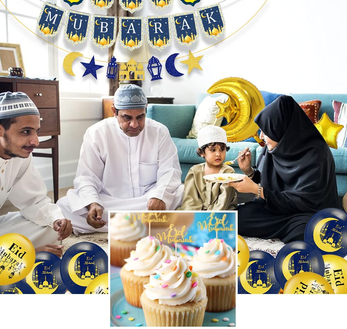 iZoeL Eid Decorations UK with Eid Mubarak Banner, Eid Mubarak Balloons, Eid Mubarak Cake Topper, Eid Mubarak Decorations for Home Set Restaurant Garden - Mubarak UK