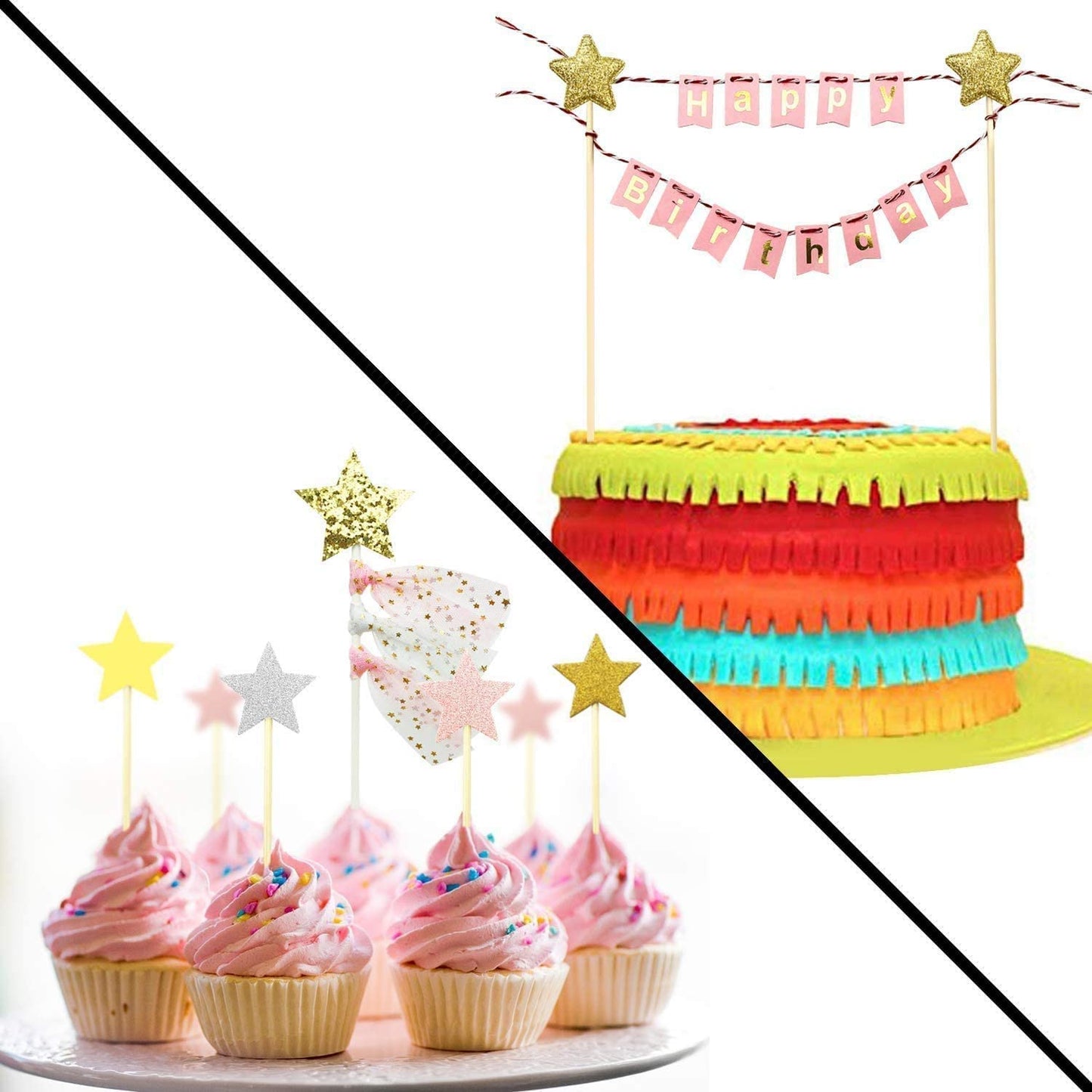 iZoeL Rainbow Cake Decorations, Happy Birthday Cake Topper Bunting Banner, Rainbow Moon Gold Star Cupcake Topper for Boy Girl Kid Birthday Baby Shower Party Decoration (Pink)