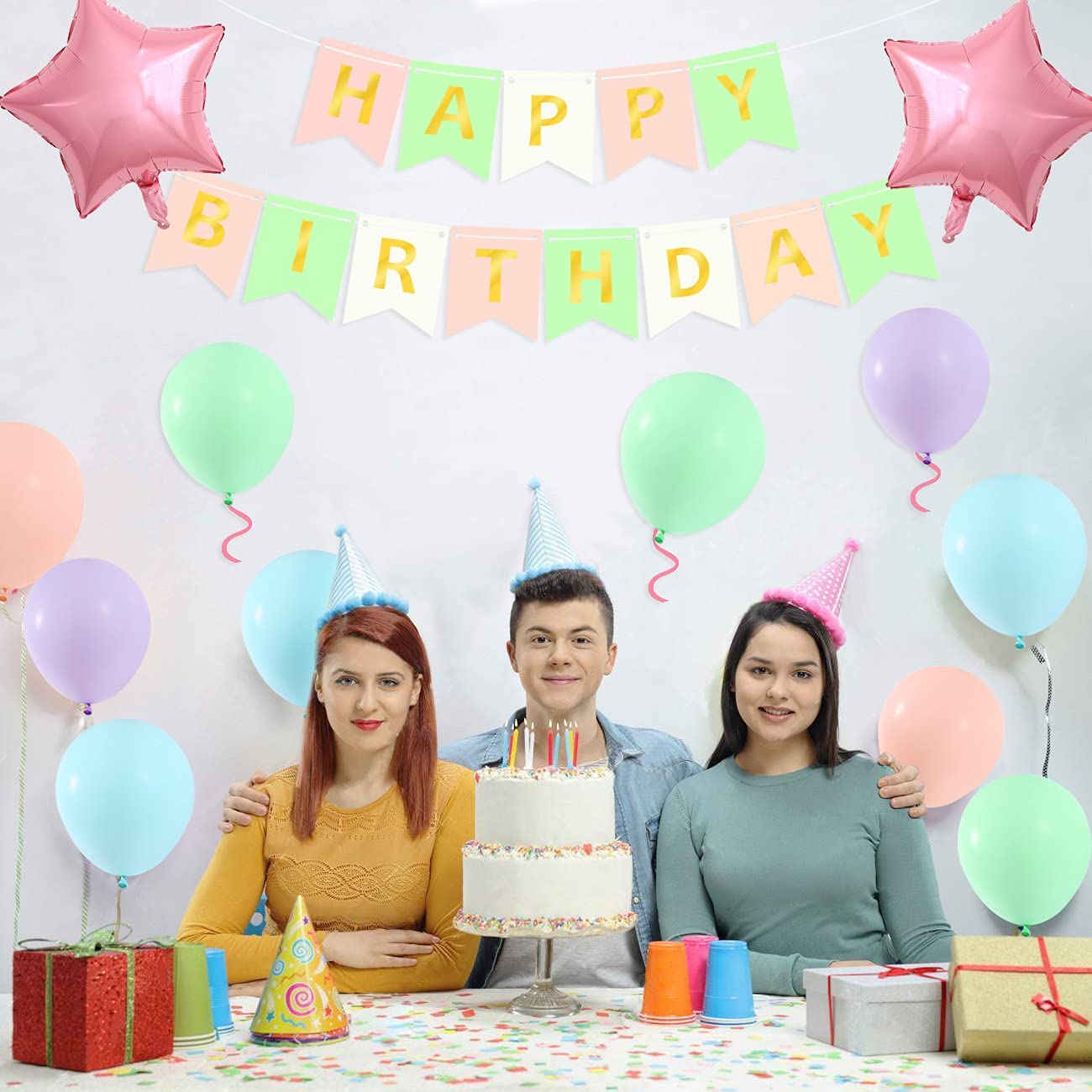 iZoeL Macaron Birthday Decoration for Girls, Happy Birthday Banner, Confetti Balloons, Big Star Balloons, for Women Her Birthday Party Supplies Baby Shower