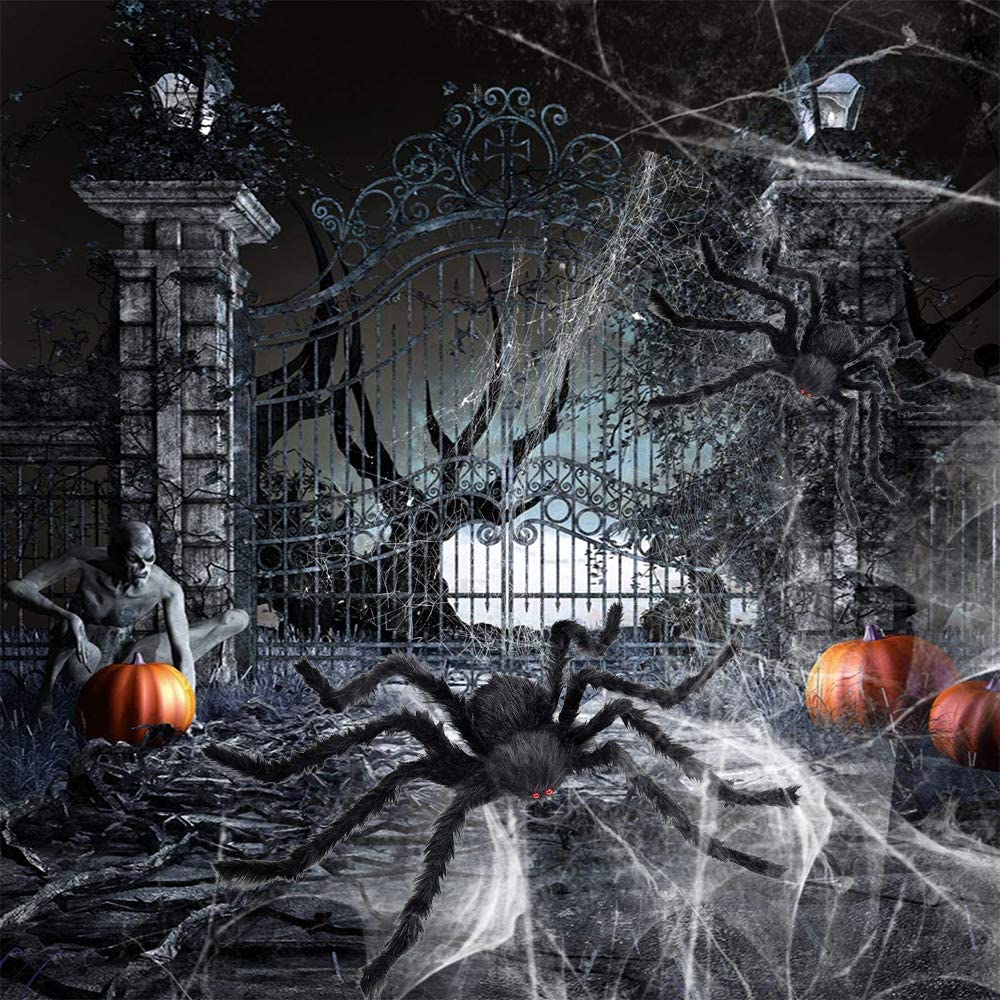 iZoeL 2pcs Giant Spider 75cm, Triangular Cobweb 5m*4.8m, Plastic Spiders 30pcs, Spider Web 40g for Halloween Decorations Indoor Outdoor Home Yard (Black cobweb + spider + 40g spider web)