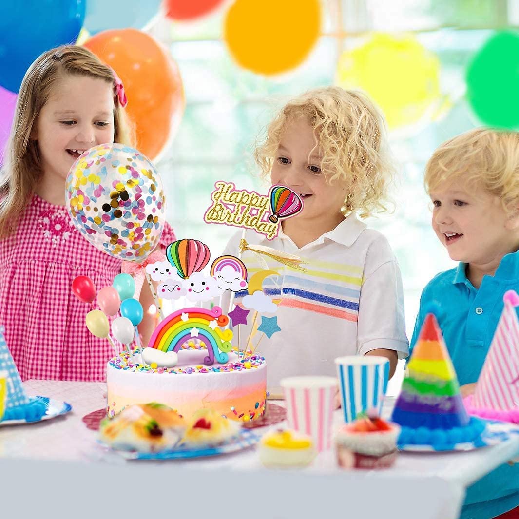 iZoeL Birthday Cake Topper Rainbow Cake Decoration Confetti Balloon Happy Birthday Cupcake Topper Moon Cloud Stars for Girls Boys Kids Woman Birthday Anniversary Wedding Baby Shower