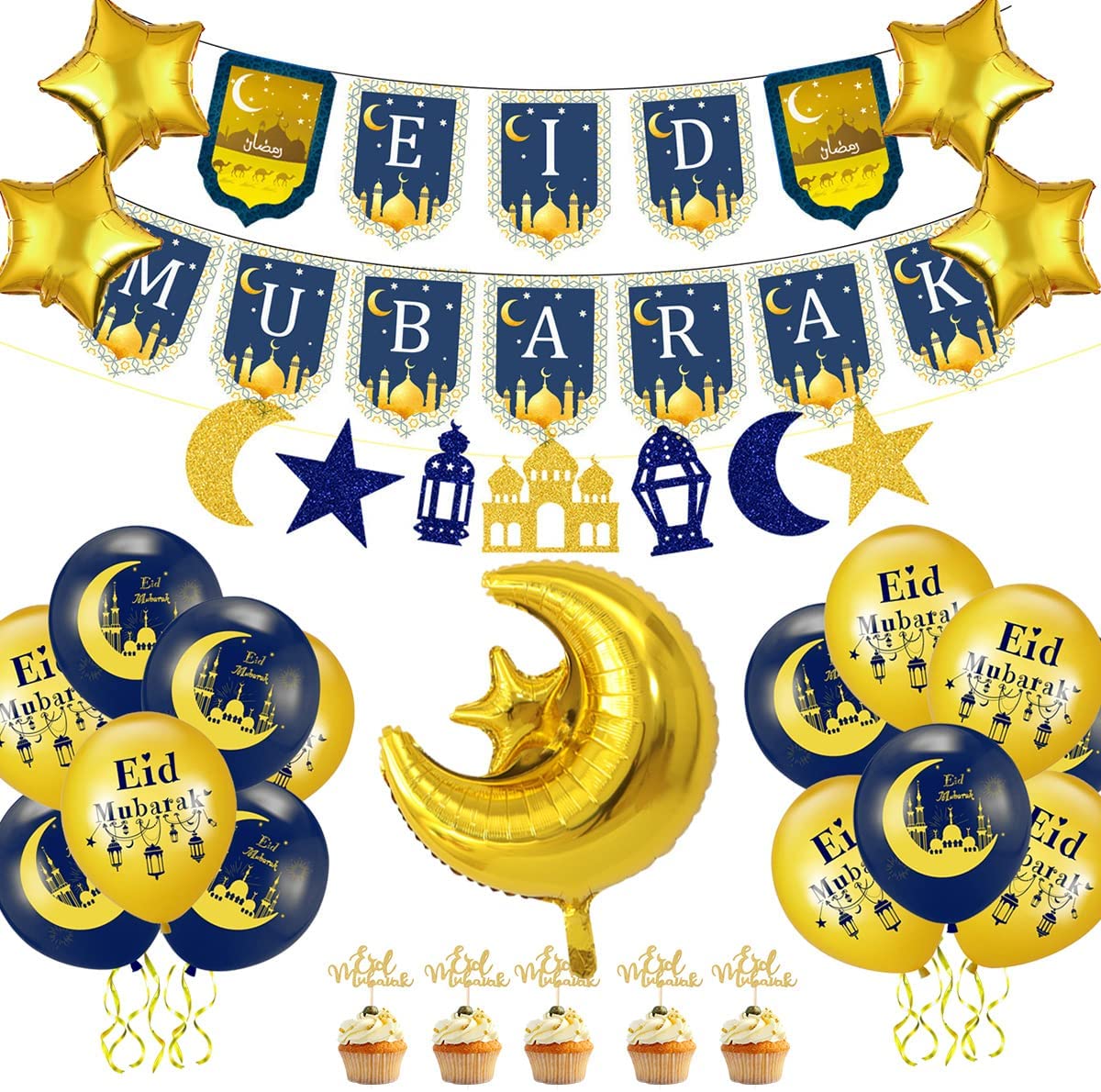 iZoeL Eid Decorations UK with Eid Mubarak Banner, Eid Mubarak Balloons, Eid Mubarak Cake Topper, Eid Mubarak Decorations for Home Set Restaurant Garden - Mubarak UK
