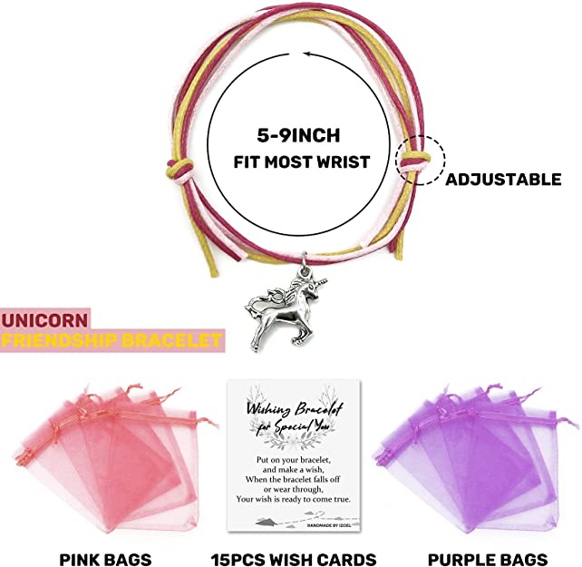 iZoeL 15 x Wish Bracelets plus 15 Organza Bags and 15 Gift Cards, Unicorn Bracelets Good Luck Friendship Wishing Charm Good Luck Present, Party Bag Fillers for Kid Girl Boy Adult