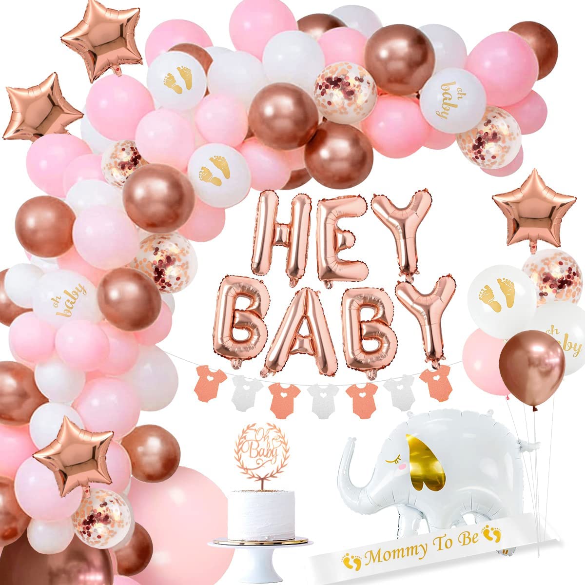 iZoeL Baby Shower Decorations Girl Rose Gold Baby Shower Decoration Neutral Balloon Arch Kit, Hey Baby Banner Mummy to Be Sash Elephant Balloons Gender Reveal Balloons Cake Topper