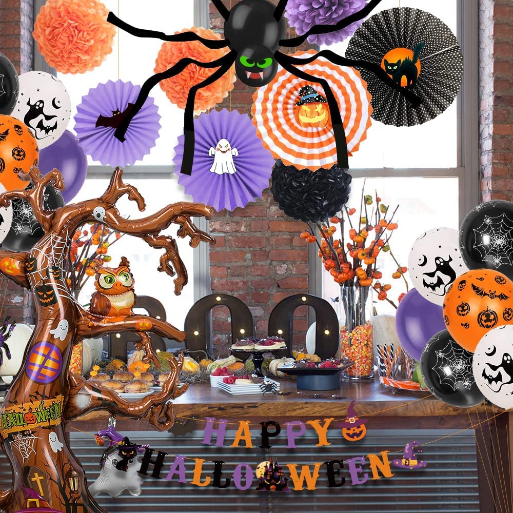 iZoeL Halloween Balloon Party Decoration Big Tree Aluminum Film Pulling Flag Folding Flowers Spider A Roll of Crepe Paper