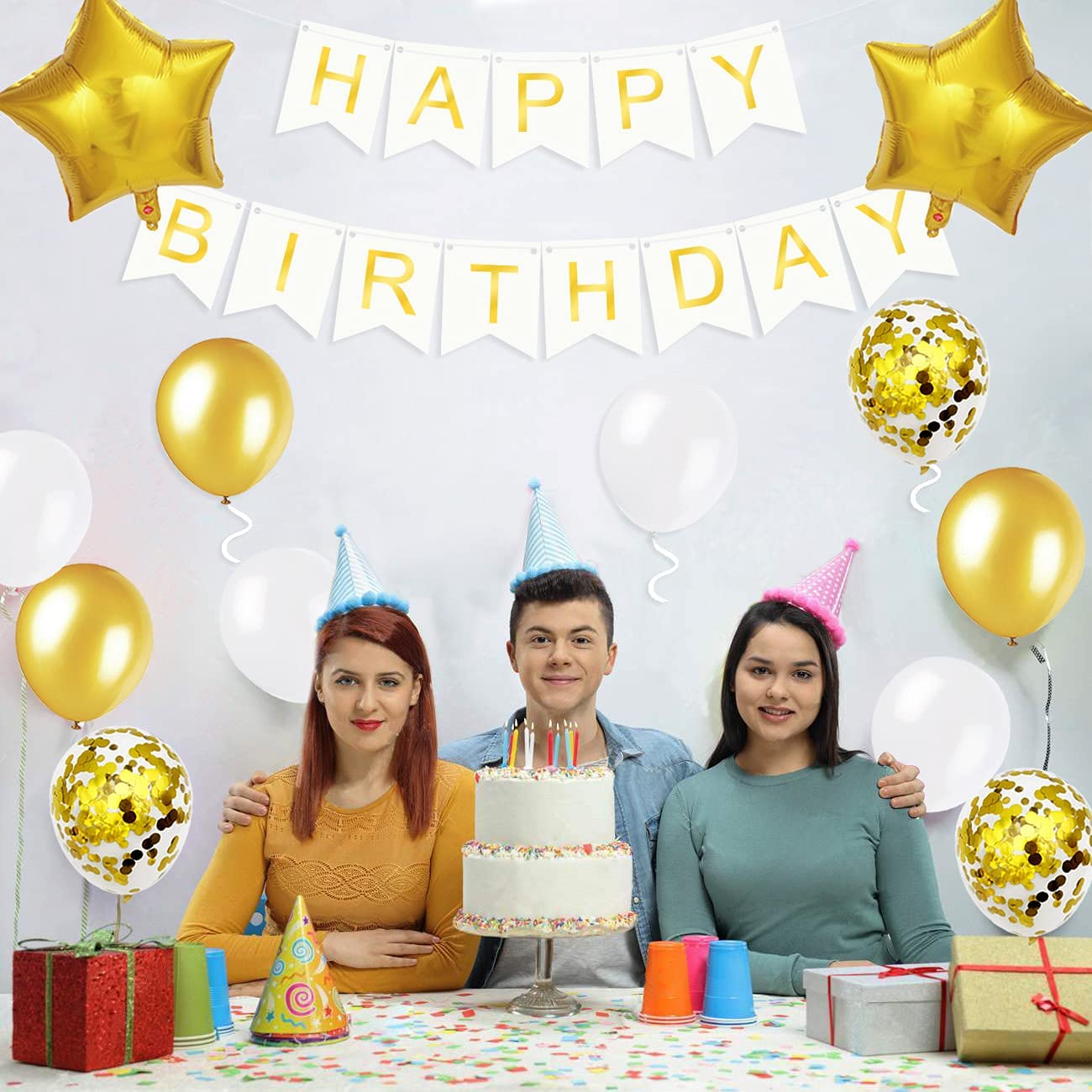 iZoeL Gold Birthday Decoration for Him, Happy Birthday Banner, Confetti Balloons, Big Star Balloons, for Boys Mens Husband Girl Women Birthday Party Supplies Baby Shower