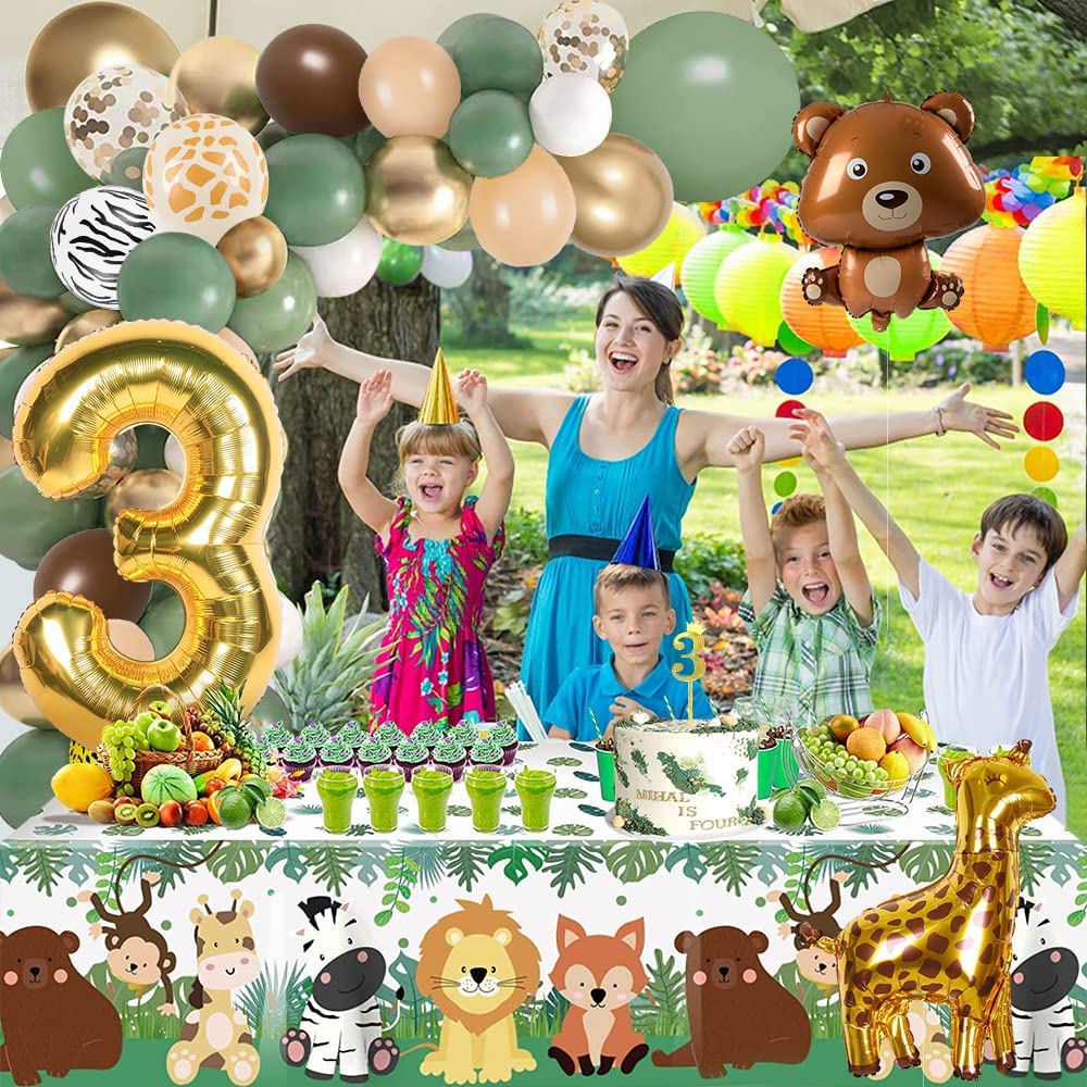 iZoeL 3rd Birthday Decorations for Baby Girls Boys 3 Birthday Banner Balloons, Sage Green Balloon Arch Kit, Giraffe Bear Balloons Wild Tablecloth 3rd Cake Topper Wild Two Animal Birthday Party