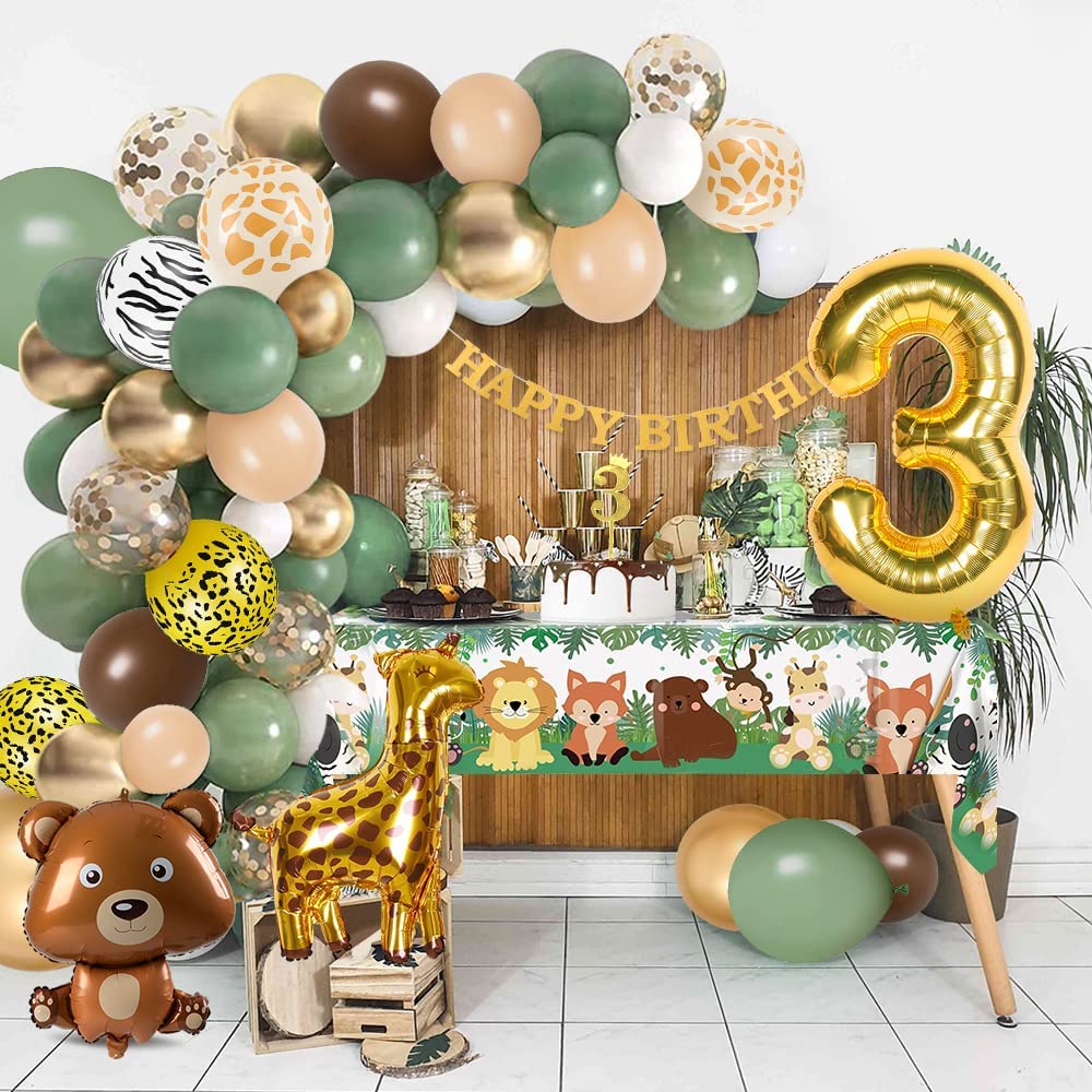 iZoeL 3rd Birthday Decorations for Baby Girls Boys 3 Birthday Banner Balloons, Sage Green Balloon Arch Kit, Giraffe Bear Balloons Wild Tablecloth 3rd Cake Topper Wild Two Animal Birthday Party