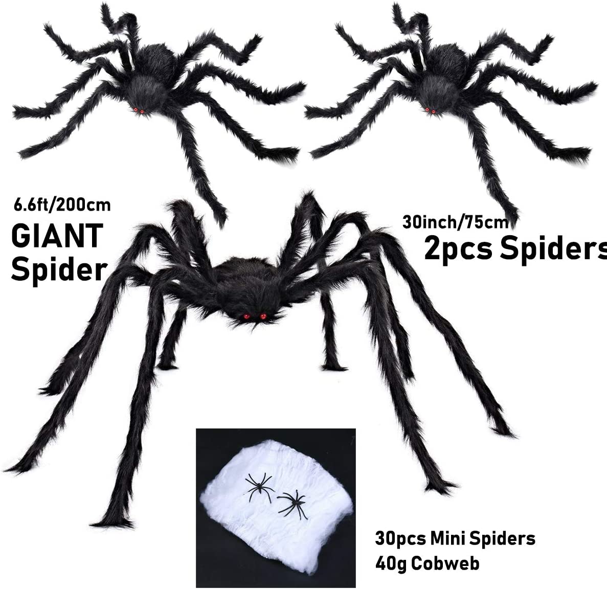 iZoeL Halloween 200cm Giant Spider 75cm Middle Spiders, 40g Spider Cobweb, 30pcs Plastic Spiders, Creepy Fake Spiders Prop Party Supplies for Outdoor Indoor Yard Home Party Decorations (Black)
