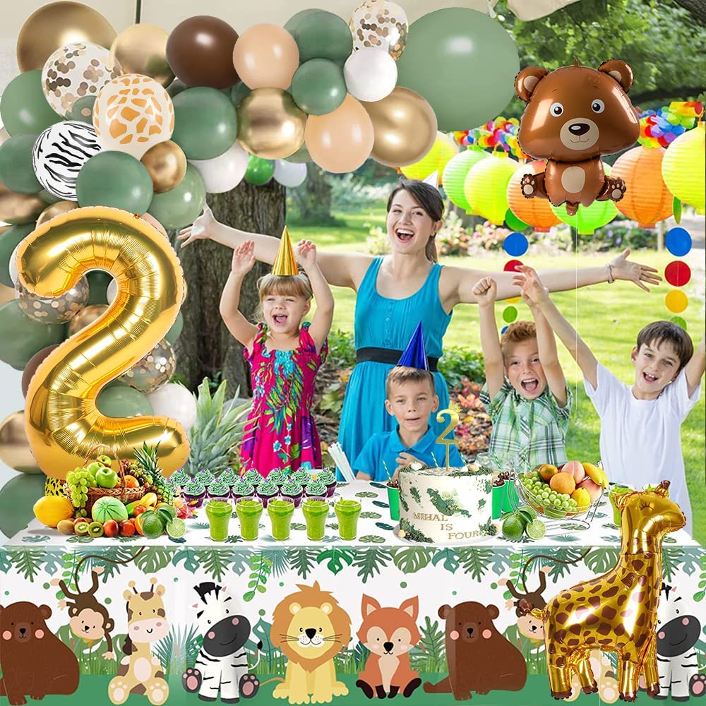 iZoeL 2nd Birthday Decorations for Baby Girls Boys 2 Birthday Banner Balloons, Sage Green Balloon Arch Kit, Giraffe Bear Balloons Wild Tablecloth 2nd Cake Topper Wild Two Animal Birthday Party