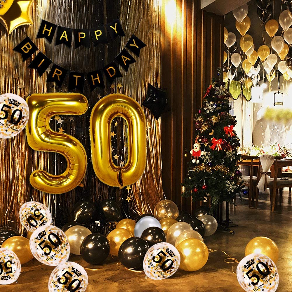 iZoeL 50th Black Gold Birthday Party Decoration, Happy Birthday Banner, Helium Number 50 XXL, 2 Gold Fringe Curtain, Latex Confetti Balloon, Table Confetti