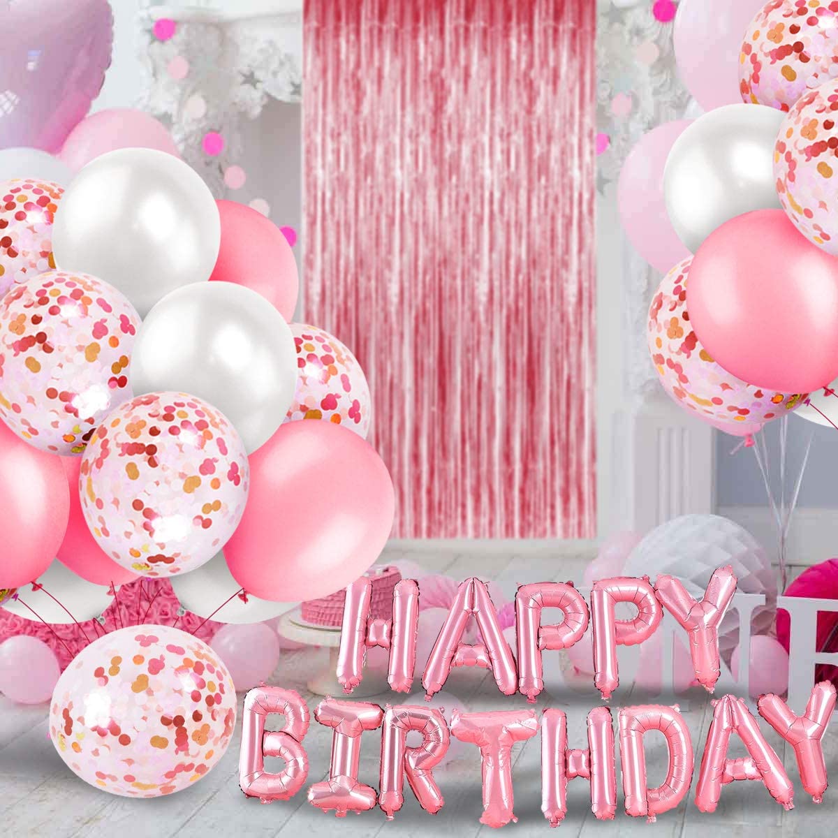 iZoeL Pink Birthday Party Decoration for Girls Happy Birthday Banner Baloons Fringe Curtain Foil Tablecloth Heart Star Foil Confetti Balloons and 10g Table Confetti for Women Birthday Party