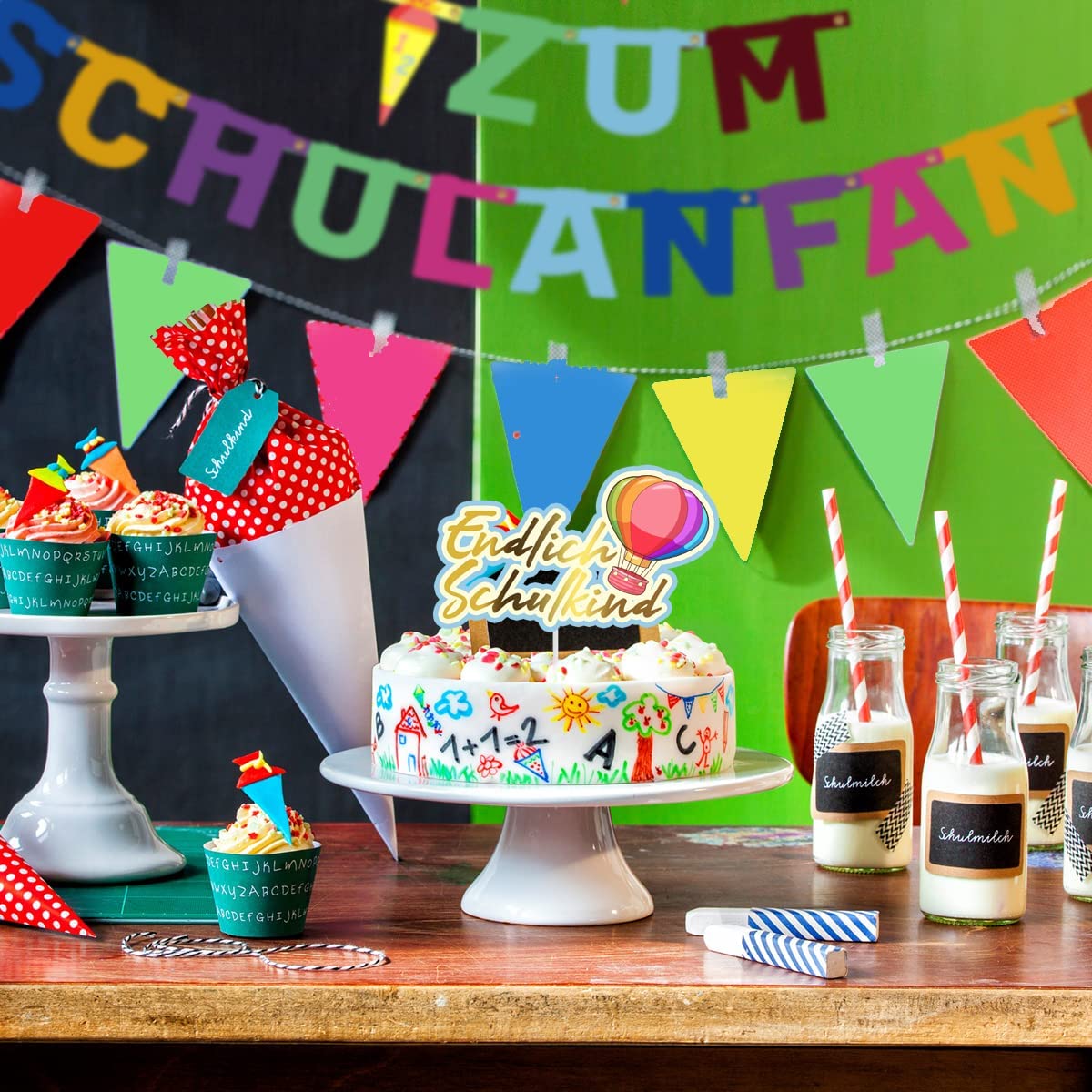 iZoeL Decorative First Day of School Boy Bunting "Alles Gute zum Schulanfang" Banner Foil Balloon Cake Decoration School Cone Craft Set Confetti Girls