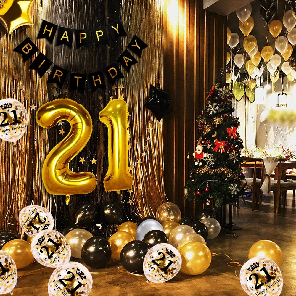iZoeL 21st Black Gold Birthday Party Decoration, Happy Birthday Banner, Helium Number Balloon 21 XXL, 2 Gold Fringe Curtain, Latex Confetti Balloon, Table Confetti for Man Girl Women Anniversary