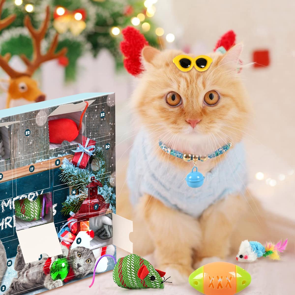 iZoeL Cat Advent Calendar 2022, 24 Pcs Interactive Cat Toys for Indoor Cats - Christmas Cat Collars Cat Bow Tie Feather Toys for Cats, Fish Fake Mouse Bell Balls for Cat