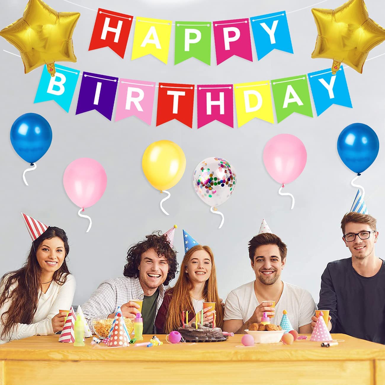 iZoeL Birthday Decoration for Girls, Happy Birthday Banner, Confetti Balloons, Big Star Balloons, for Women Her Birthday Party Supplies Baby Shower