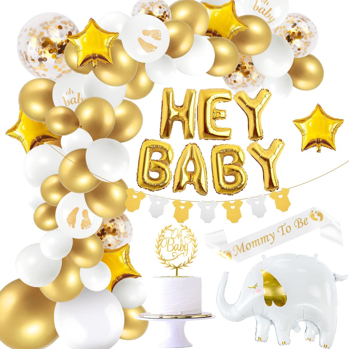 iZoeL Baby Shower Decorations Boy Girl white Gold Baby Shower Decoration Neutral Balloon Arch Kit, Hey Baby Banner Mummy to Be Sash Elephant Balloons Gender Reveal balloons Cake Topper