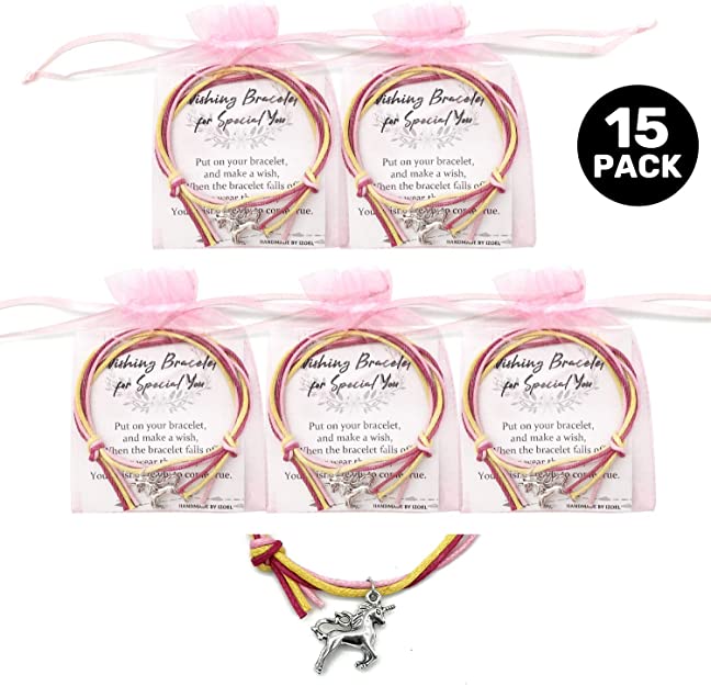 iZoeL 15 x Wish Bracelets plus 15 Organza Bags and 15 Gift Cards, Unicorn Bracelets Good Luck Friendship Wishing Charm Good Luck Present, Party Bag Fillers for Kid Girl Boy Adult
