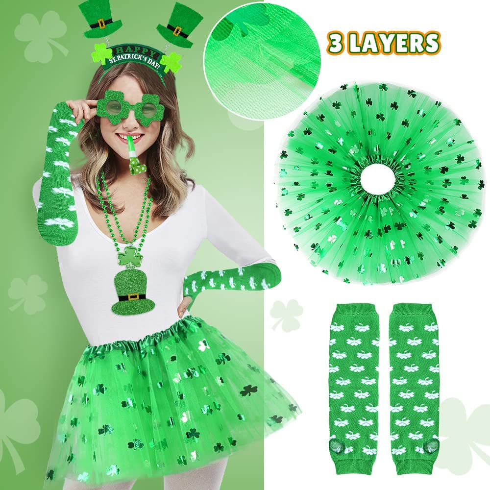 iZoeL St Patricks Day Accessories Women Girls Kids Shamrock Tutu Skirt Headband Glasses Necklaces Gloves for Irish Fancy Dress Leprechaun Costume Outfits
