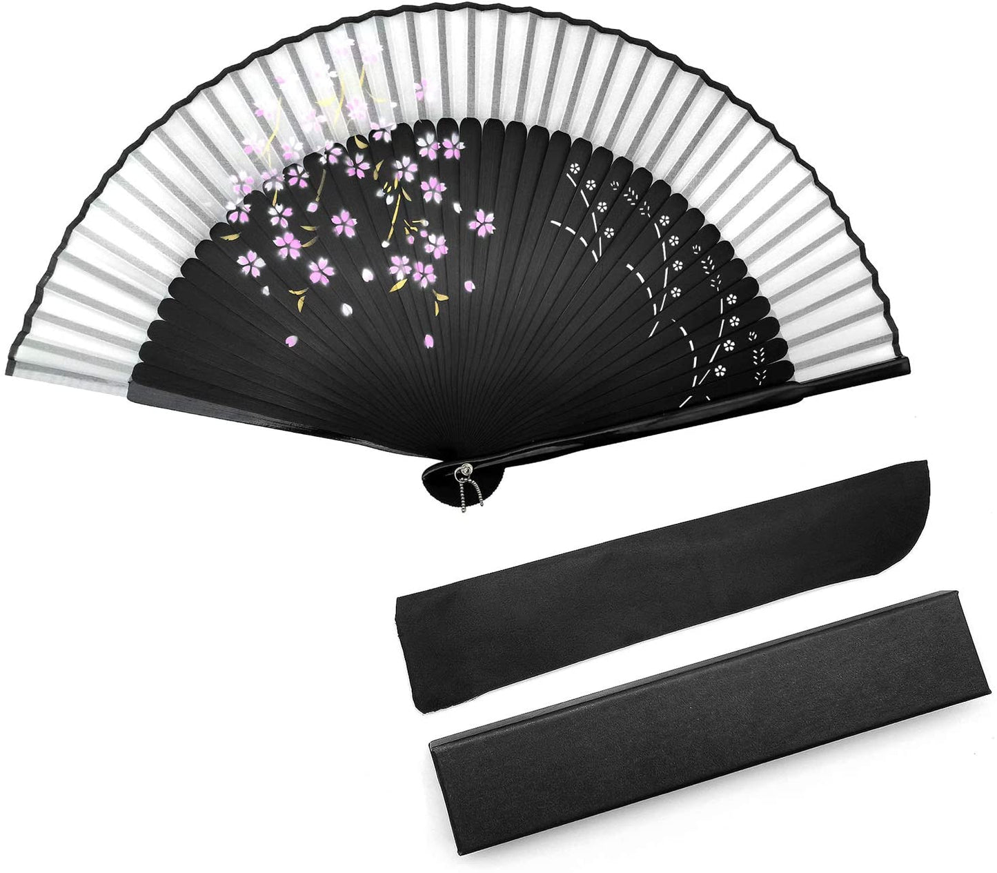 iZoeL Hand Bamboo Fan Handheld Folding Portable Fans, Black Fabric Cherry Fan with High-end Gift Bag, Cherry Pattern Hand Held Pocket Chinese Fan Idea Wedding Birthday Gift for Man Women