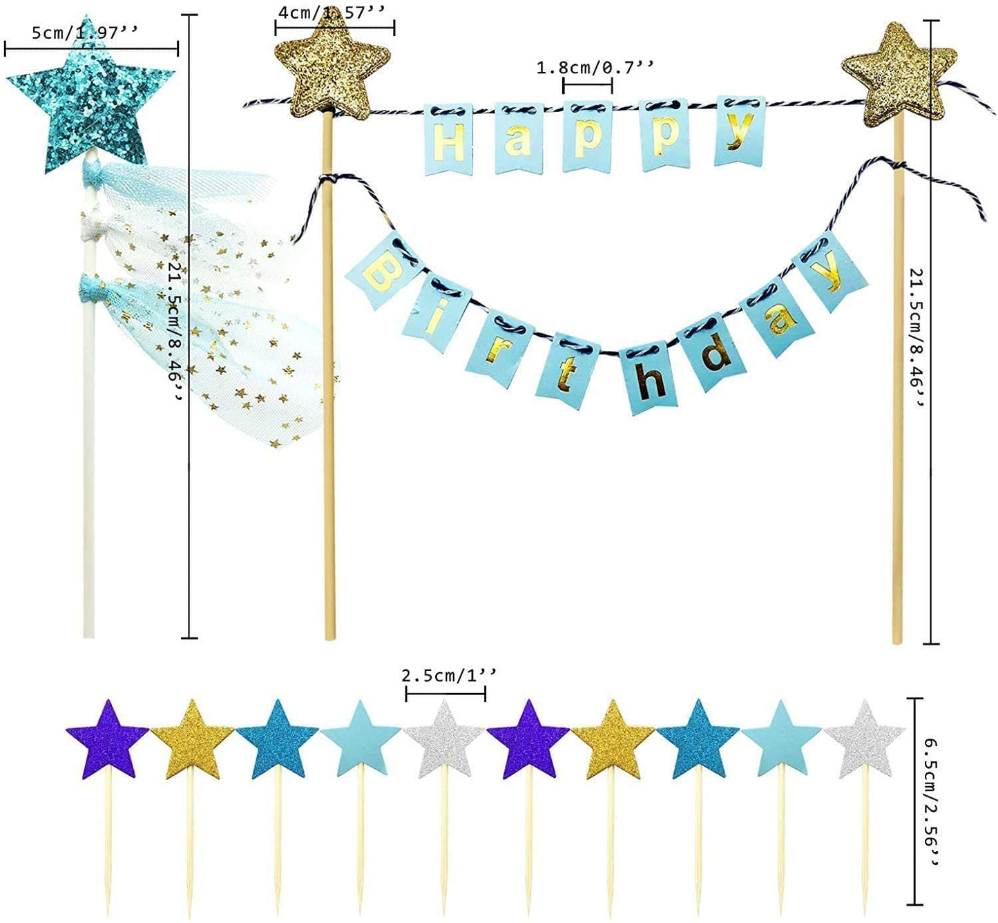 iZoeL Blue Cake Decorations, Happy Birthday Cake Topper Blue Gold Star Cupcake Topper for Boy Girl Kid Birthday Baby Shower Party Decoration (blue)