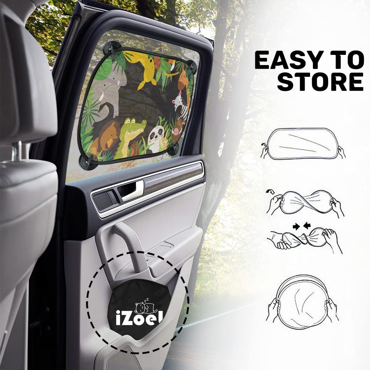 iZoeL Baby Sun Shade with UV Protection, Pack of 2 Sun Visors for Children with 8 Suction Cups, Shade Car Window Side Window Motif Animals (Jungle Animals)