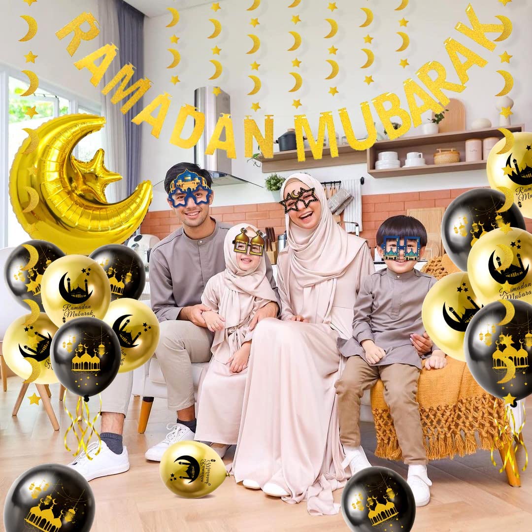 iZoeL Ramadan Decorations for Home Ramadan Mubarak Decor Eid Decorations Ramadan Balloons Banner Moon Star Garland Party Glasses Photo Booth Props for Restaurant Garden Decor
