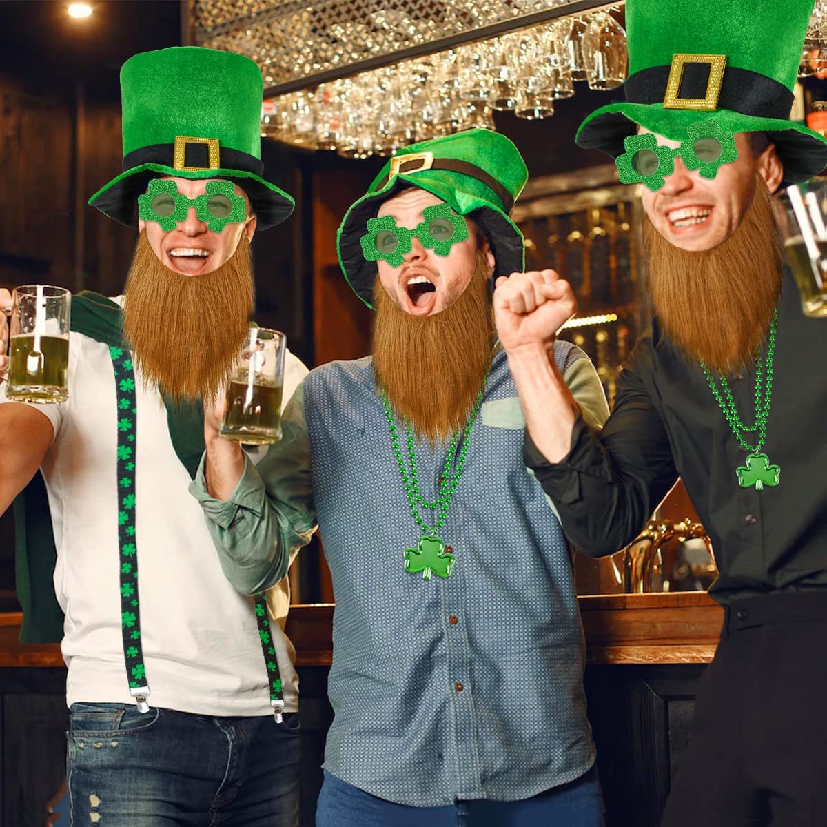 iZoeL St Patricks Day Accessories, Leprechaun Costume St Patricks Day Hat Suspenders Shamrock Glasses Clover Necklaces Irish Fancy Dress Outfits - Men Women kids