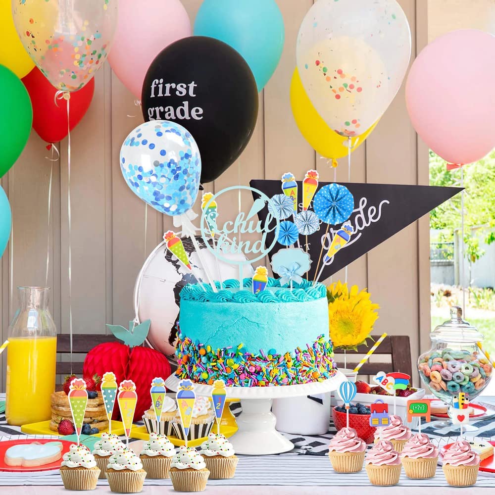iZoeL Cake Decoration First Day of School Boys School Child Cake Decoration School Sugar Bag Cake Topper Confetti Balloon Paper Fan ABC 123 Cake Cupcake Muffin Decoration Cake Toppers