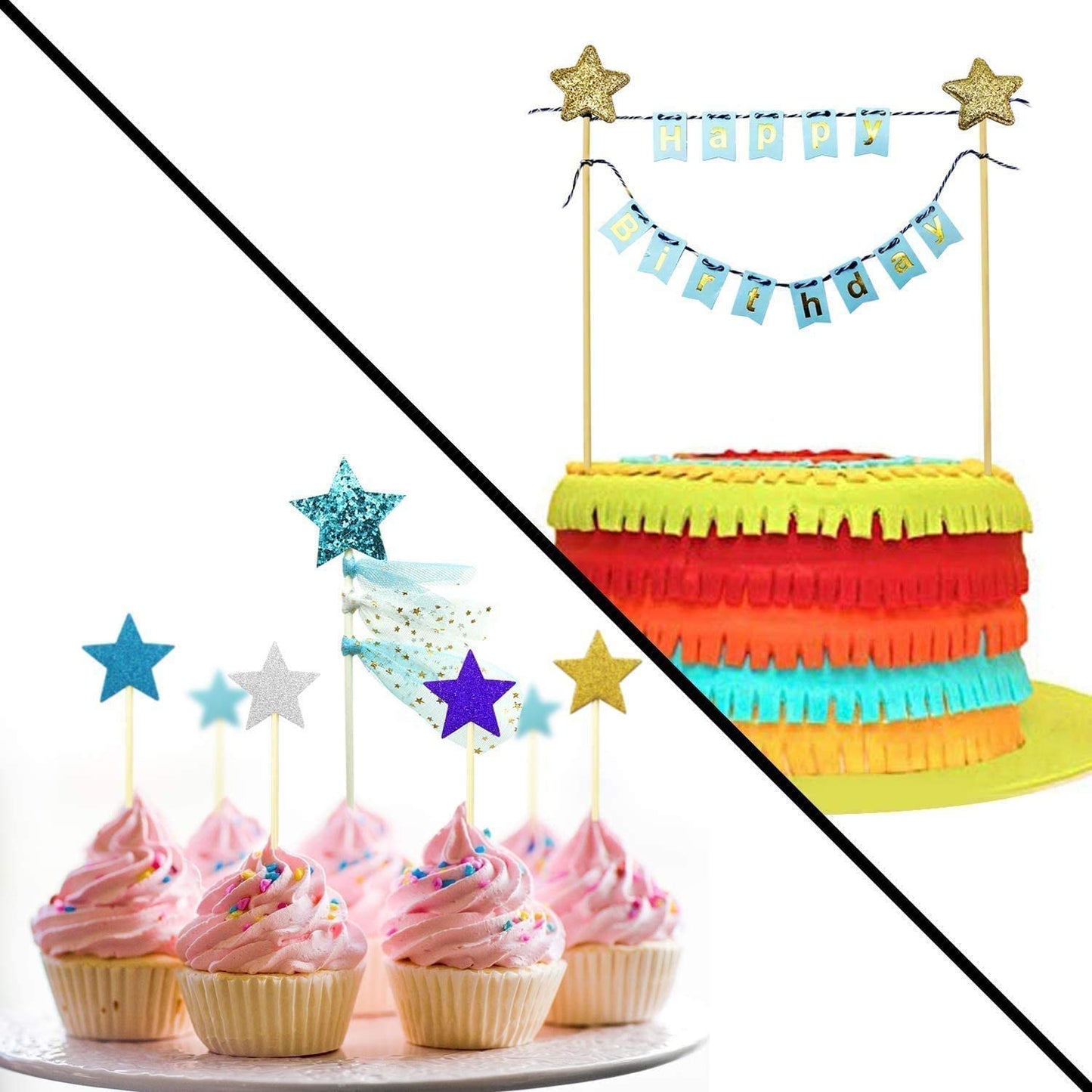 iZoeL Blue Cake Decorations, Happy Birthday Cake Topper Blue Gold Star Cupcake Topper for Boy Girl Kid Birthday Baby Shower Party Decoration (blue)