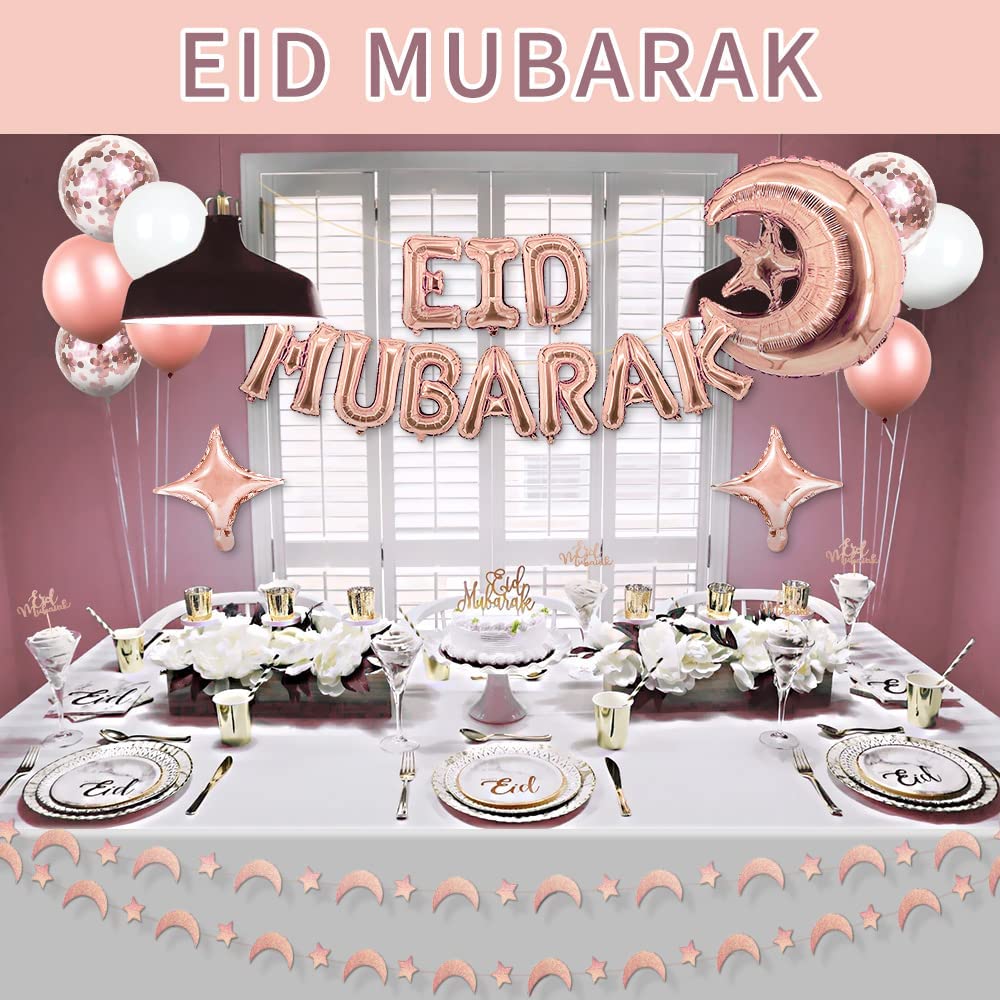 iZoeL EID Mubarak Decorations for Home Eid Decorations UK, Eid Mubarak Balloons Mubarak Banner Eid Cake Topper Moon Star Garland Eid Balloons for Home Restaurant Garden - Rose Gold