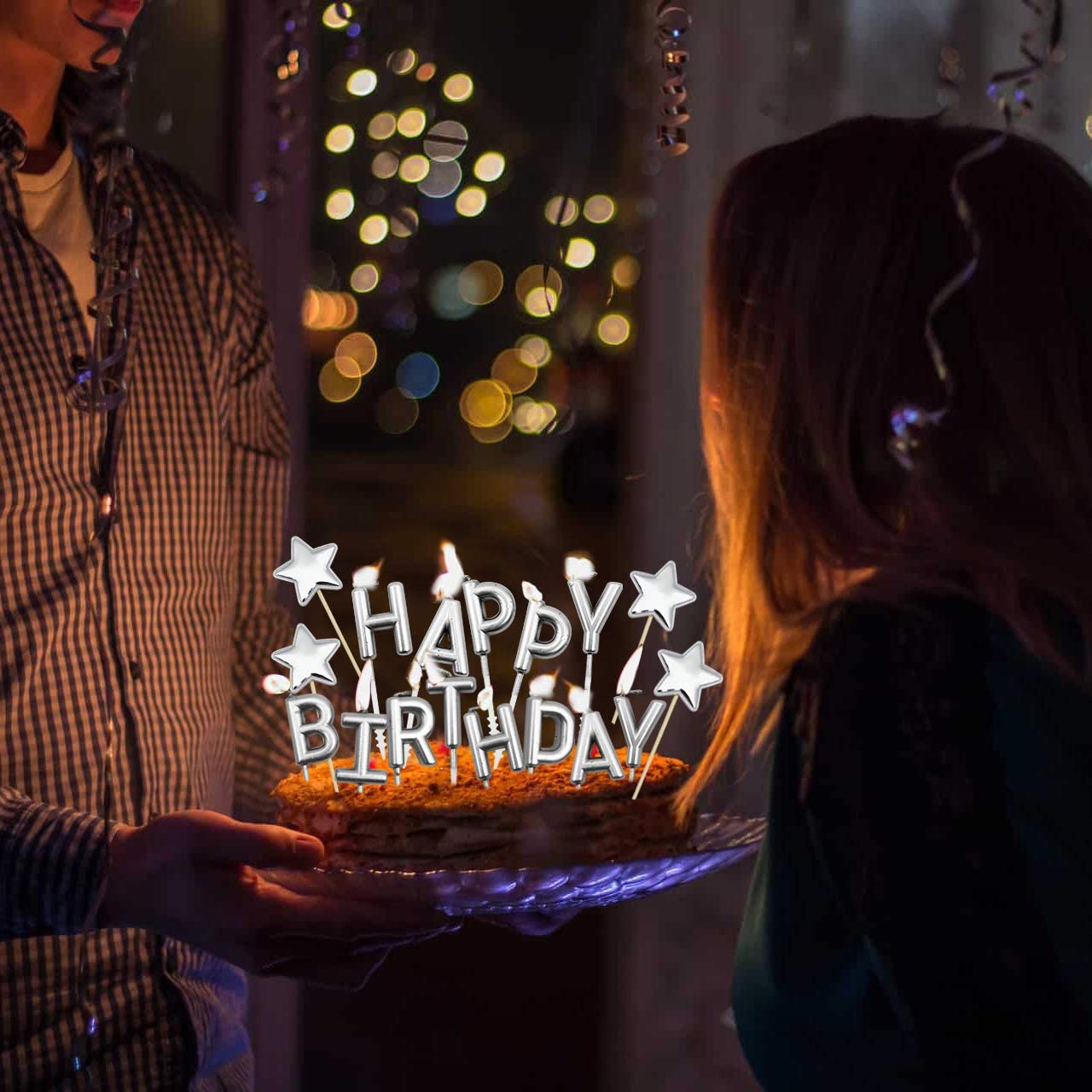 iZoeL Silver Cake Decoration Silver Happy Birthday Candles Happy Birthday Banner Confetti Balloon Stars Cake Topper For Silver Theme Party Decor Girl Kid Women Birthday Party Baby Shower Anniversary