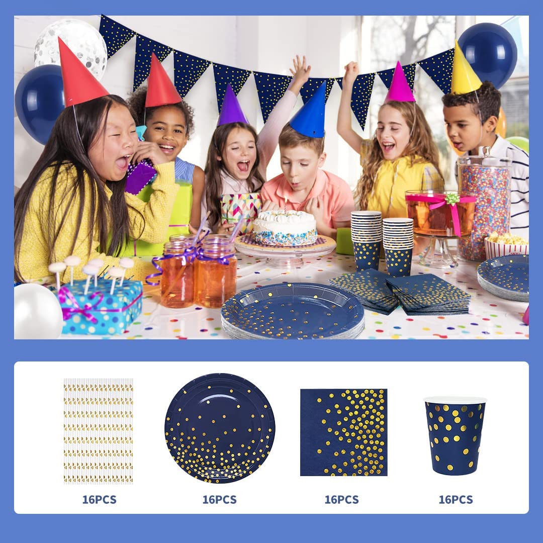 iZoeL Navy Blue Birthday Decoration Party Tableware Birthday Balloon Arch Kit - 16Guests, Party Supplies Happy Birthday Banner, Tablecloth Paper Plates Napkins Cups Straws 10g Confettis