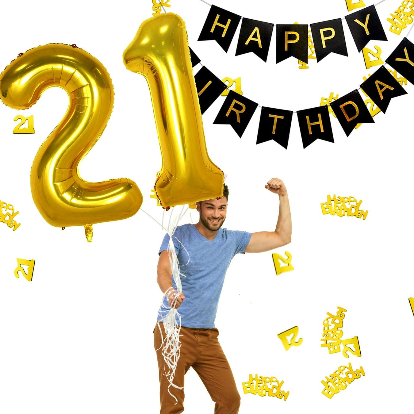 iZoeL 21st Black Gold Birthday Party Decoration, Happy Birthday Banner, Helium Number 21 XXL, 2 Gold Fringe Curtain, Latex Confetti Balloon, Table Confetti for Man Girl Women Anniversary