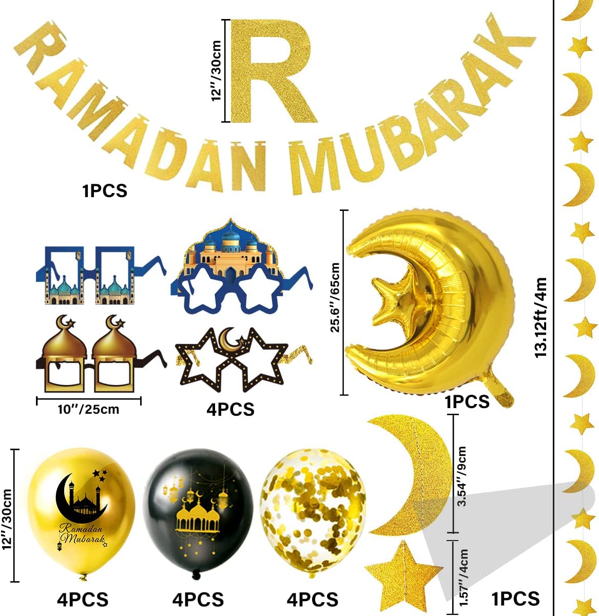 iZoeL Ramadan Decorations for Home Ramadan Mubarak Decor Eid Decorations Ramadan Balloons Banner Moon Star Garland Party Glasses Photo Booth Props for Restaurant Garden Decor