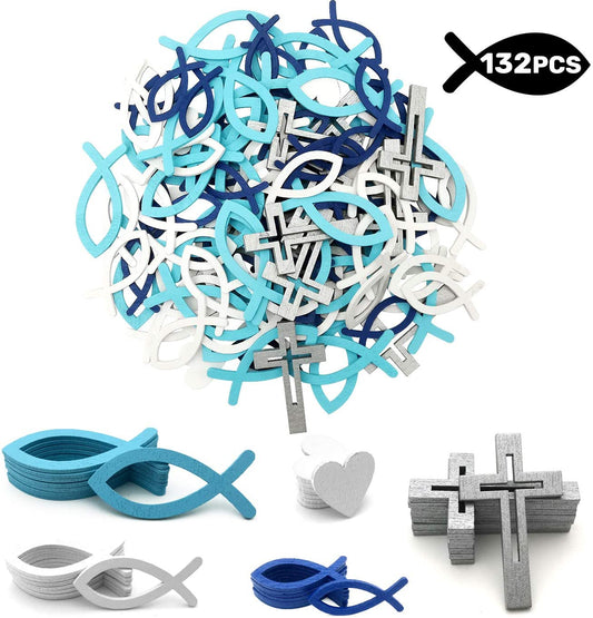 iZoeL Wooden Heart Fish Cross Crucifix Shaped Wood Baby Shower Baptism Holy Communion Confirmation Christening Table Confetti for Birthday Wedding Anniversary Party Decor Scrapbook Vintage Craft