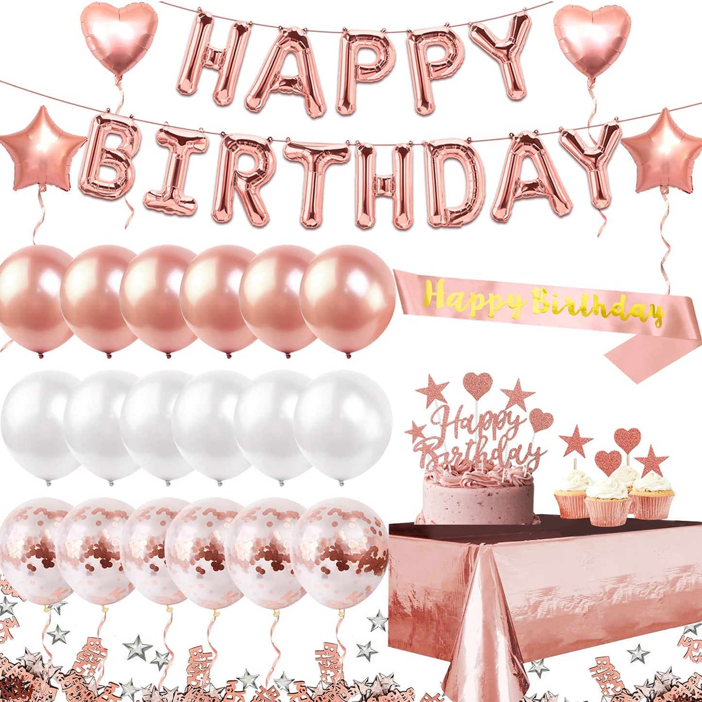 iZoeL Rose Gold Birthday Party Decoration, Happy Birthday Banner, Rose Gold Foil Tablecloth, Birthday Sash, Heart Star Foil Confetti Balloons 11pcs Cake Toppers 10g Table Confetti for Girls Women