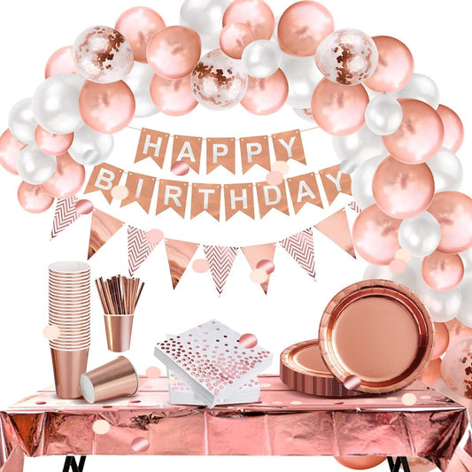 iZoeL Vaisselle Jetable Anniversaire Rose Gold, Decoration Anniversaire Femme Fille, 46pcs Arche Ballon anniversaire Nappe Rideau Serviettes Assiettes Tasses Paille 10g Confettis