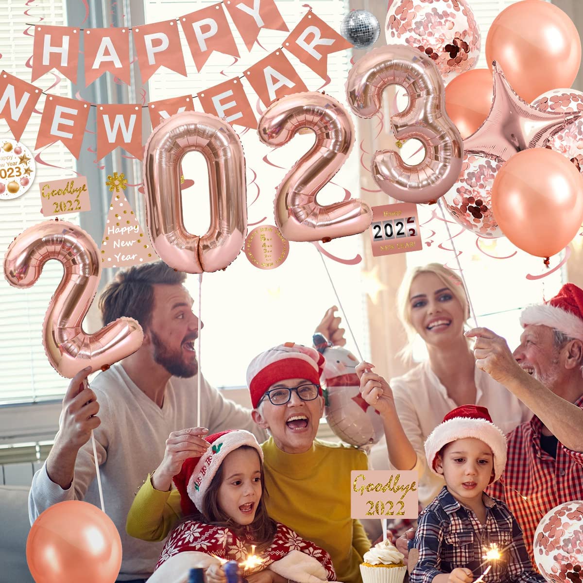 iZoeL New Years Decorations 2023 Eve Party Supplies - Rose Gold 2023 Balloons New Year Hanging Swirl New Year Cake Topper Happy New Year Balloons - 2023 New Years Party Favors