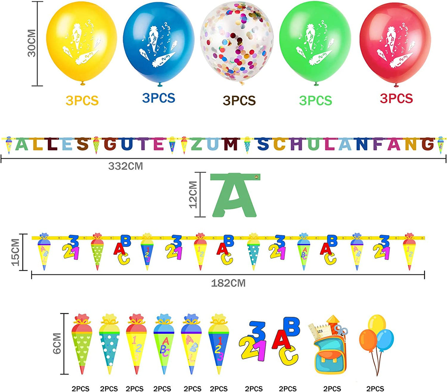 iZoeL Schuleinführung Schulanfang Einschulung Deko Alles Gute Zum Schulanfang Girlande + Schultüte Banner + 15 Luftballon + 123 ABC Konfetti für Junge Mädchen