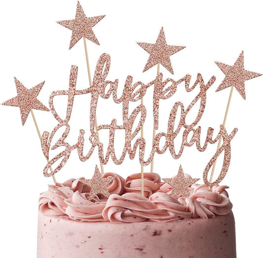 iZoeL 2 Sets Cake Decoration Rose Gold Cake Topper Happy Birthday Banner Confetti Balloon Stars Heart Cake Topper for Women Girls Rose Gold Theme Birthday Party Decor Hen Party