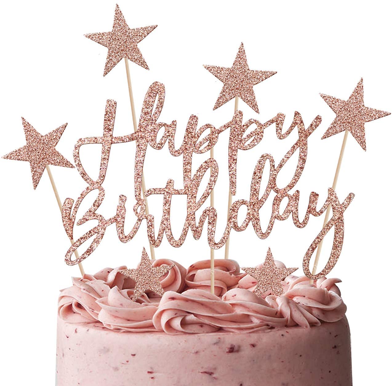 iZoeL 2 Sets Cake Decoration Rose Gold Cake Topper Happy Birthday Banner Confetti Balloon Stars Heart Cake Topper for Women Girls Rose Gold Theme Birthday Party Decor Hen Party